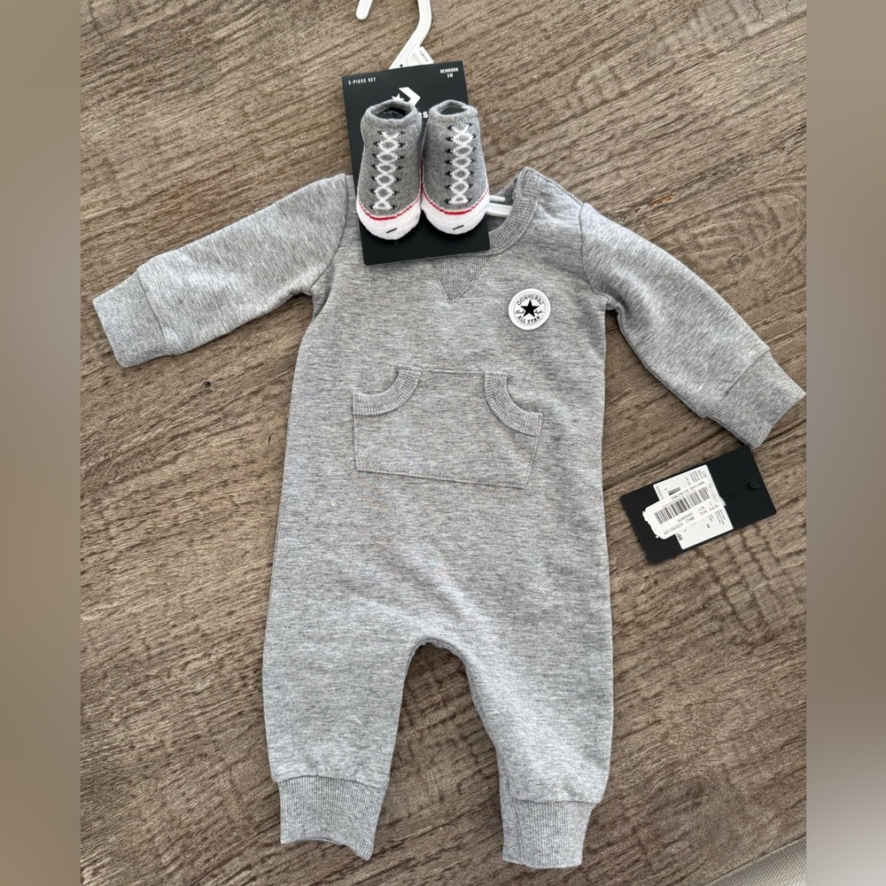 Converse Baby one piece long sleeve outfit with matching booties size 3 months